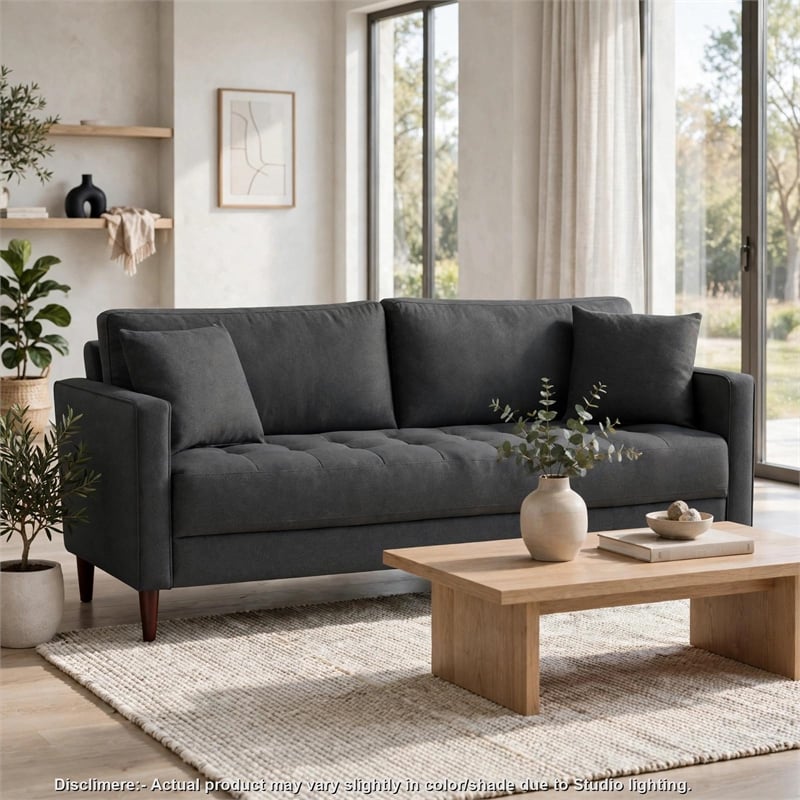 Yera Sofa w 2 Pillows- Tufted Gray Seat- Cherry Brown Wood- 77 Inch
