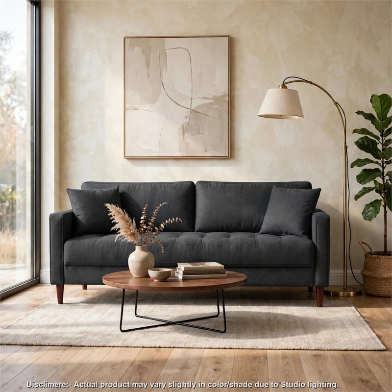 Yera Sofa w 2 Pillows- Tufted Gray Seat- Cherry Brown Wood- 77 Inch