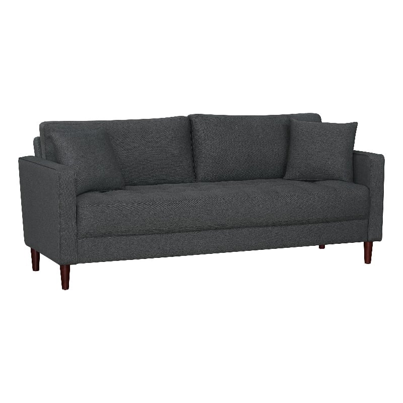 Yera Sofa w 2 Pillows- Tufted Gray Seat- Cherry Brown Wood- 77 Inch