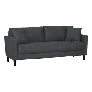 Yera Sofa w 2 Pillows- Tufted Gray Seat- Cherry Brown Wood- 77 Inch
