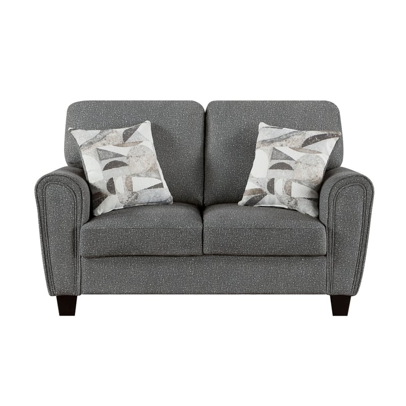 Loi Loveseat w 2 Pillows- Flared Arms- Dark Gray Chenille- Black 63 Inch