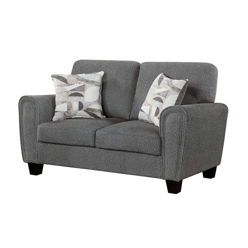 Loi Loveseat w 2 Pillows- Flared Arms- Dark Gray Chenille- Black 63 Inch