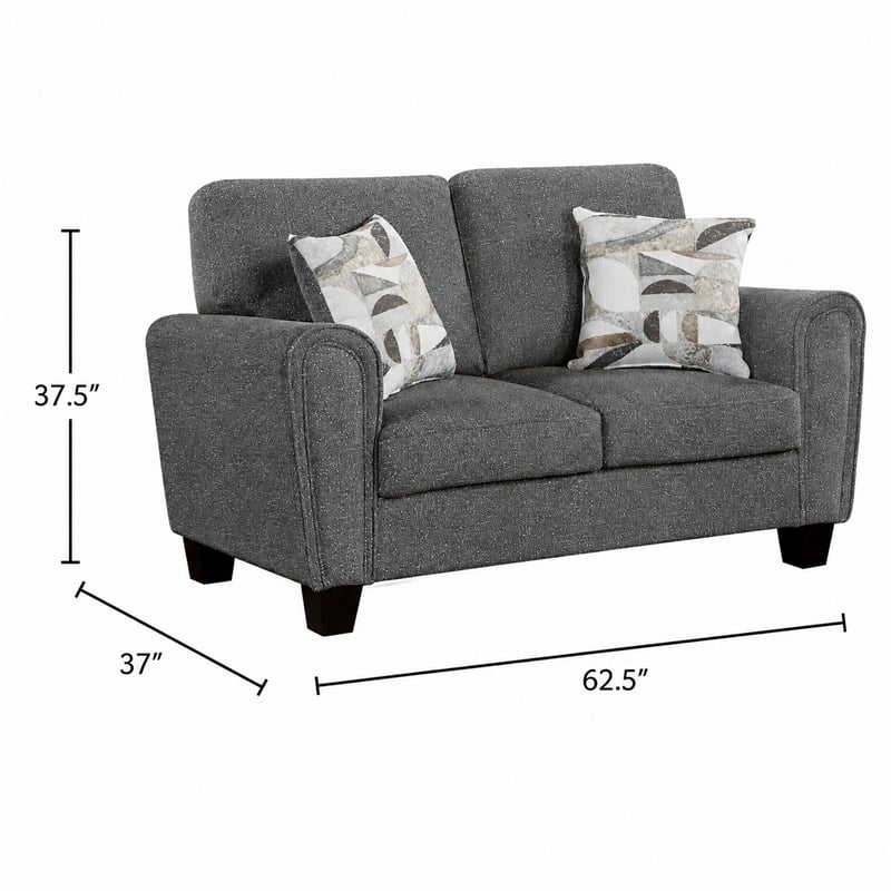 Loi Loveseat w 2 Pillows- Flared Arms- Dark Gray Chenille- Black 63 Inch