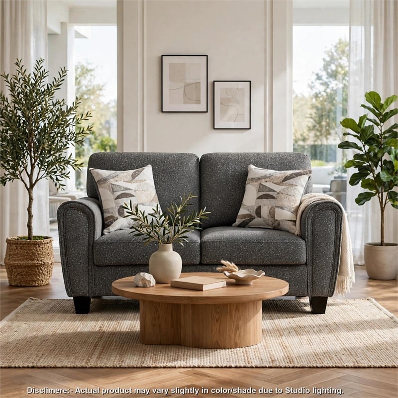 Loi Loveseat w 2 Pillows- Flared Arms- Dark Gray Chenille- Black 63 Inch