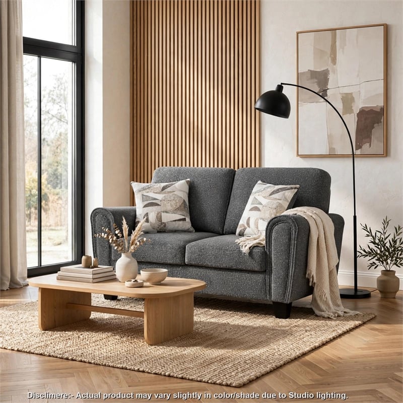 Loi Loveseat w 2 Pillows- Flared Arms- Dark Gray Chenille- Black 63 Inch