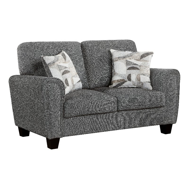 Loi Loveseat w 2 Pillows- Flared Arms- Dark Gray Chenille- Black 63 Inch