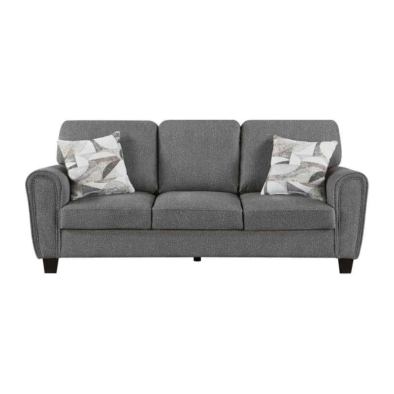 Loi Sofa w 2 Pillows- Flared Arms- Dark Gray Chenille- Black 85 Inch
