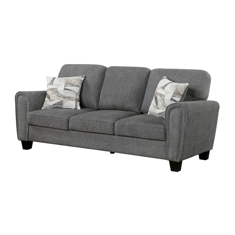Loi Sofa w 2 Pillows- Flared Arms- Dark Gray Chenille- Black 85 Inch