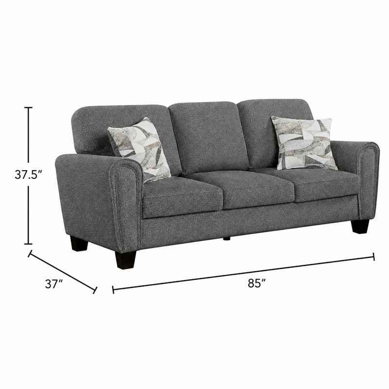 Loi Sofa w 2 Pillows- Flared Arms- Dark Gray Chenille- Black 85 Inch