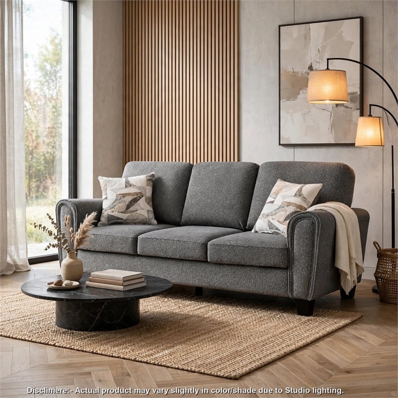 Loi Sofa w 2 Pillows- Flared Arms- Dark Gray Chenille- Black 85 Inch
