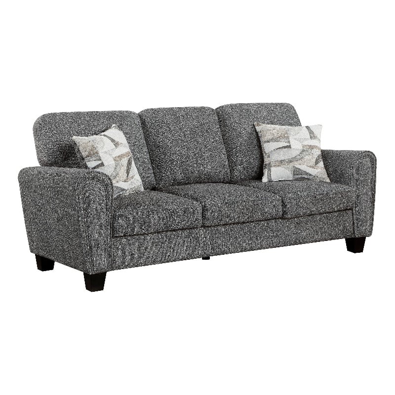 Loi Sofa w 2 Pillows- Flared Arms- Dark Gray Chenille- Black 85 Inch