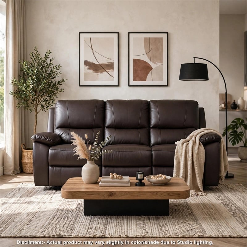 Drake Manual Double Reclining Sofa- Foam Cushions- Brown Faux Leather
