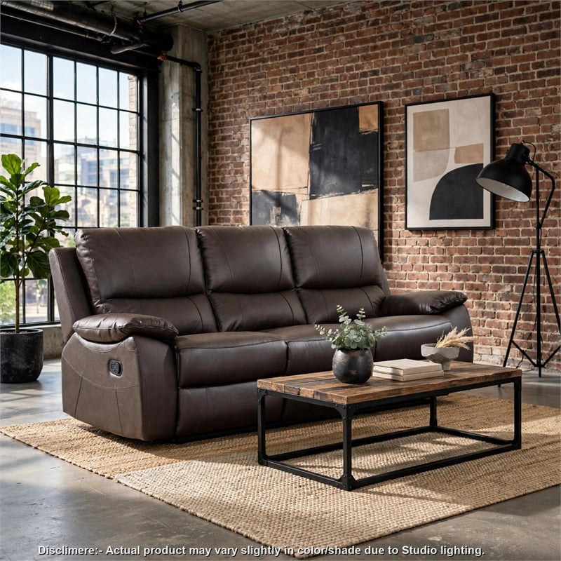 Drake Manual Double Reclining Sofa- Foam Cushions- Brown Faux Leather