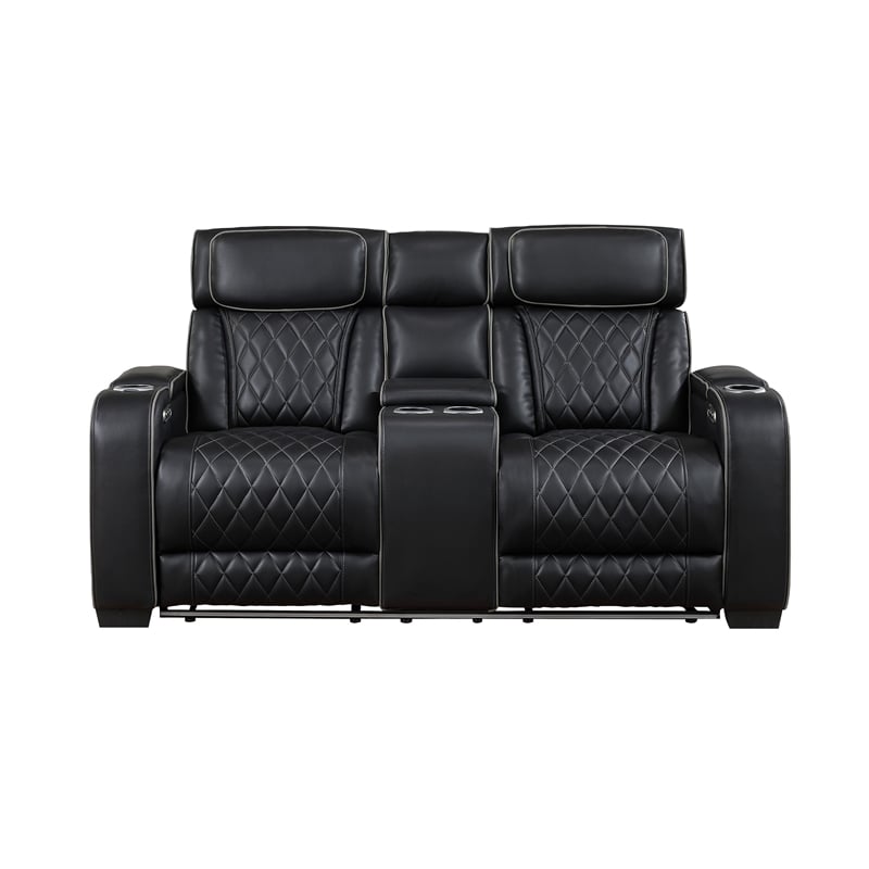 Fiya Power Double Reclining LED Loveseat- USB Ports- Black Faux Leather