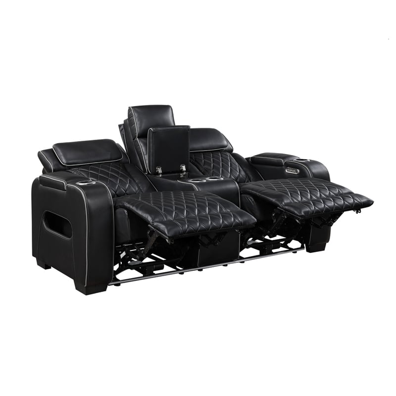 Fiya Power Double Reclining LED Loveseat- USB Ports- Black Faux Leather