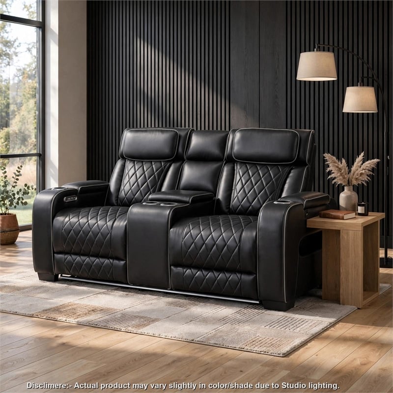 Fiya Power Double Reclining LED Loveseat- USB Ports- Black Faux Leather