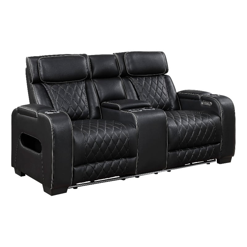 Fiya Power Double Reclining LED Loveseat- USB Ports- Black Faux Leather