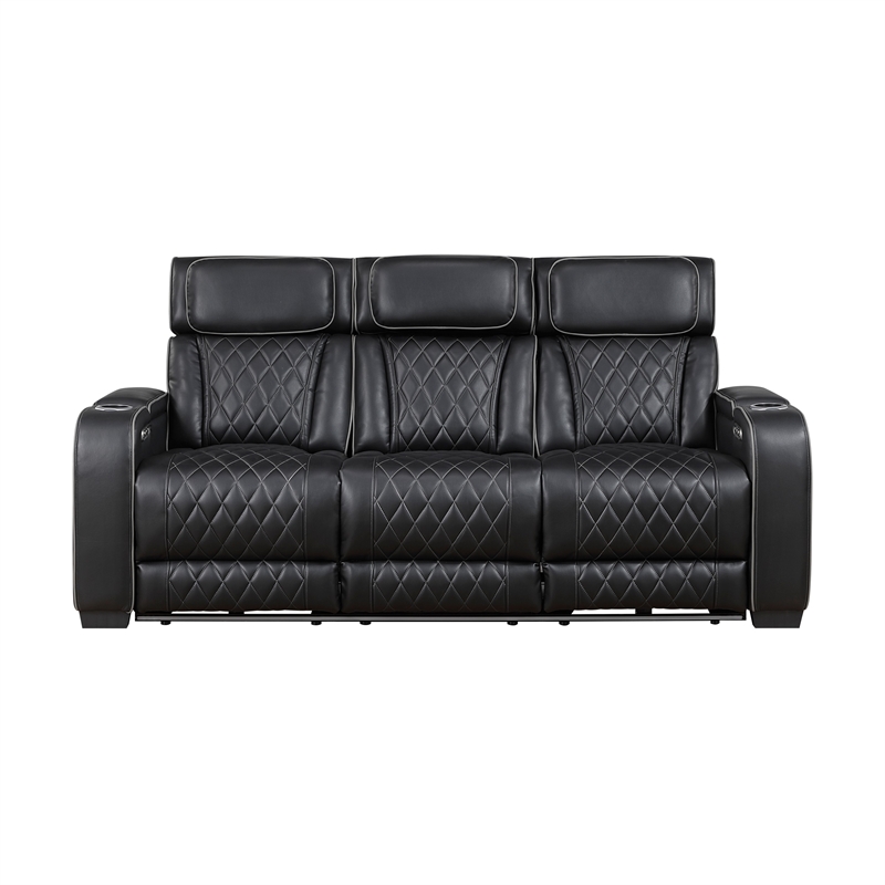 Fiya Power Double Reclining LED Sofa- USB Ports- Black Faux Leather