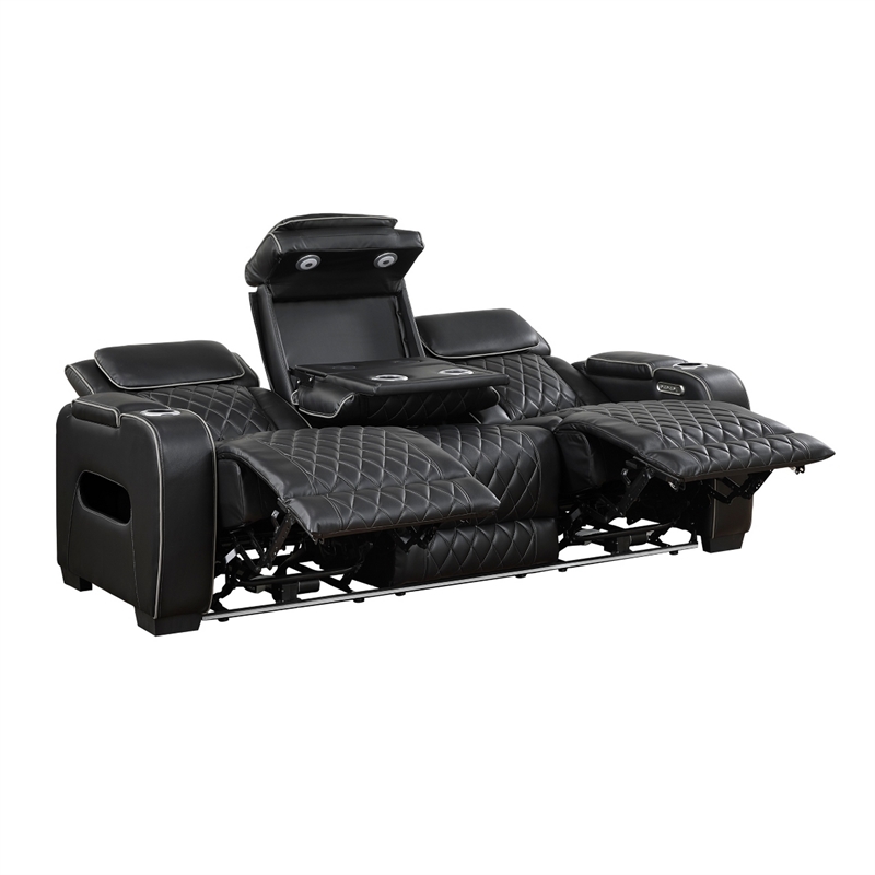 Fiya Power Double Reclining LED Sofa- USB Ports- Black Faux Leather