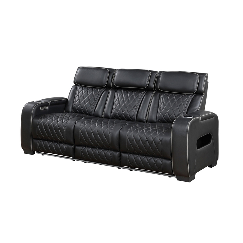Fiya Power Double Reclining LED Sofa- USB Ports- Black Faux Leather