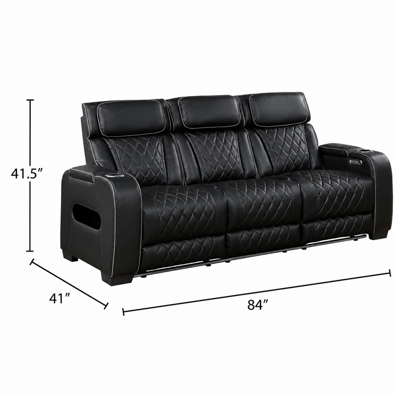 Fiya Power Double Reclining LED Sofa- USB Ports- Black Faux Leather