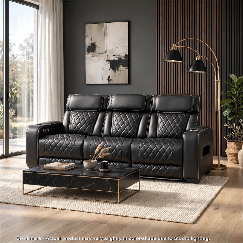 Fiya Power Double Reclining LED Sofa- USB Ports- Black Faux Leather
