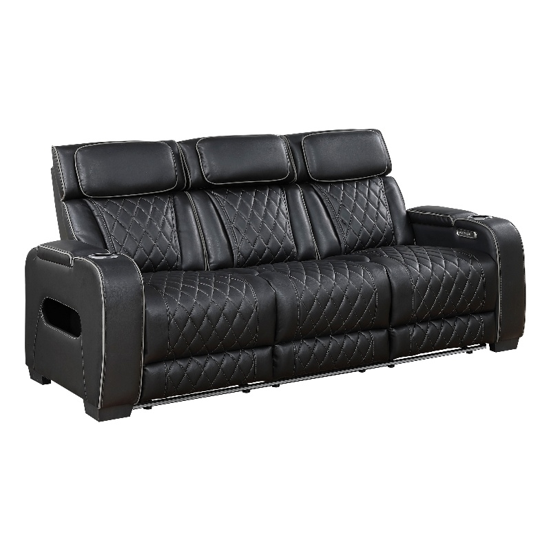 Fiya Power Double Reclining LED Sofa- USB Ports- Black Faux Leather
