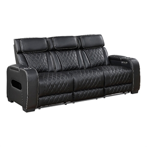 Fiya Power Double Reclining LED Sofa- USB Ports- Black Faux Leather