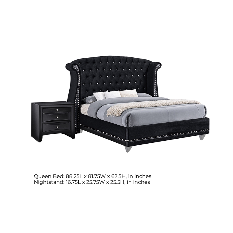 Queen Bedroom Set- Upholstered Design- Black- 2 Piece Set with Nightstand
