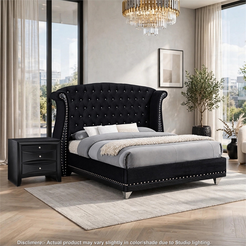 Queen Bedroom Set- Upholstered Design- Black- 2 Piece Set with Nightstand