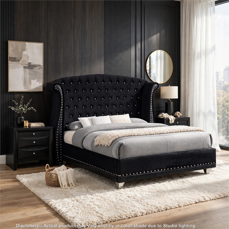 Queen Bedroom Set- Upholstered Design- Black- 2 Piece Set with Nightstand