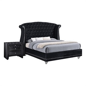 Queen Bedroom Set- Upholstered Design- Black- 2 Piece Set with Nightstand