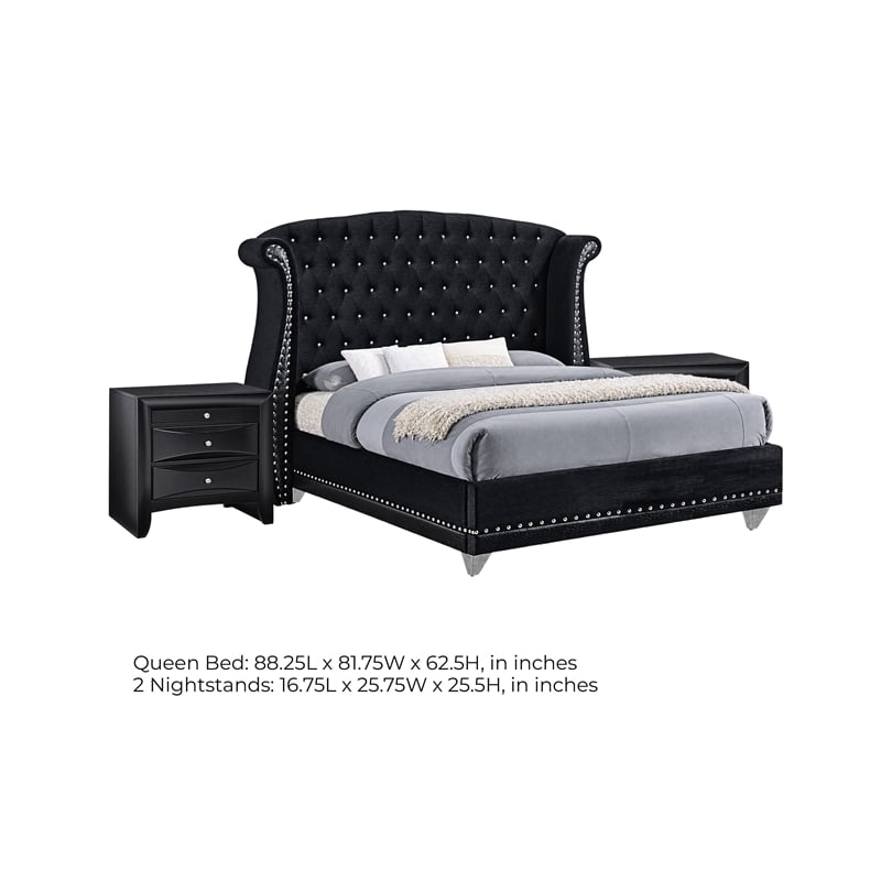 Queen Bedroom Set- Upholstered- Black- 3 Piece Set with 2 Nightstands