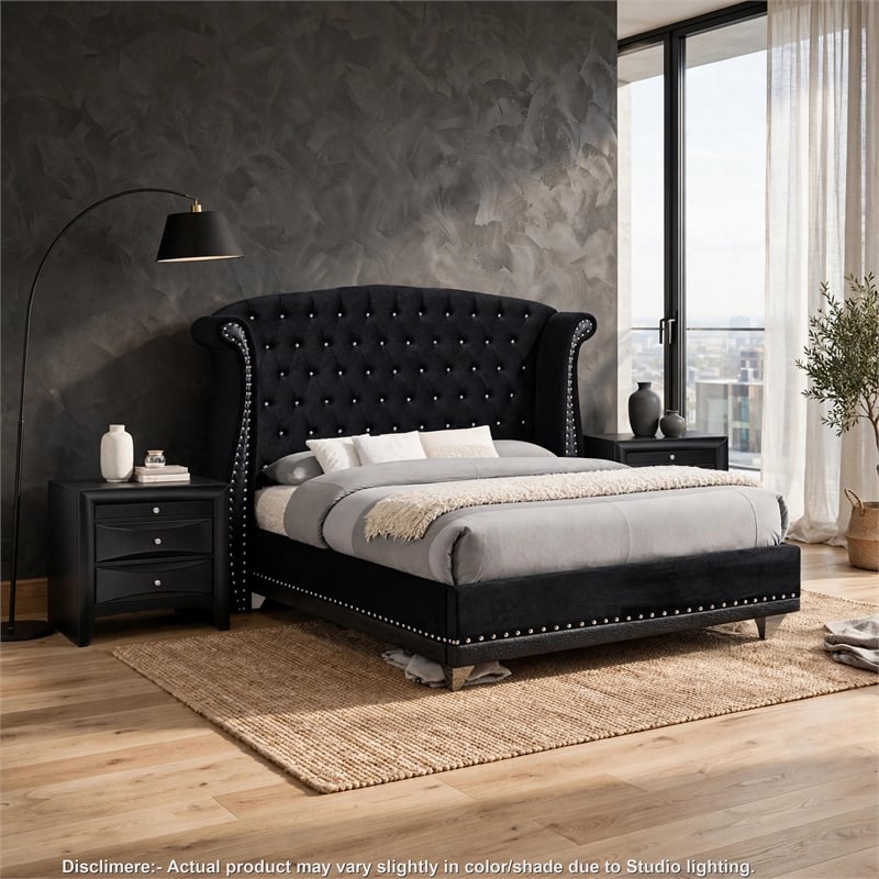 Queen Bedroom Set- Upholstered- Black- 3 Piece Set with 2 Nightstands