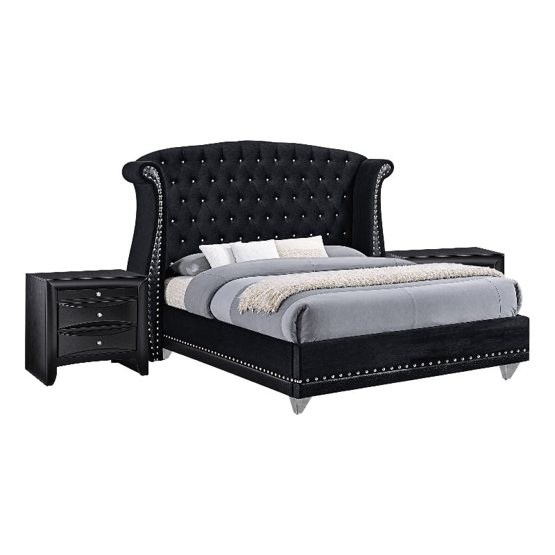 Queen Bedroom Set- Upholstered- Black- 3 Piece Set with 2 Nightstands