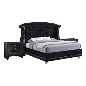 Queen Bedroom Set- Upholstered- Black- 3 Piece Set with 2 Nightstands