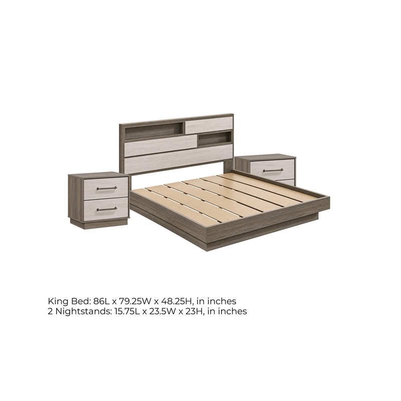 King Bedroom Set- Storage Gray and Nickel- 3 Piece Set with 2 Nightstands