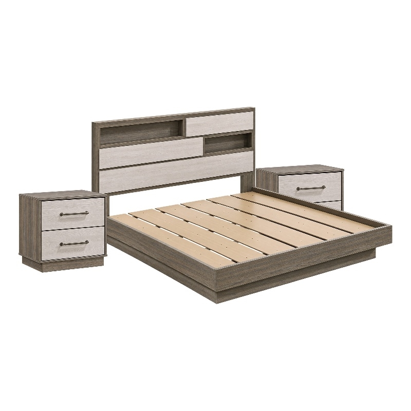 King Bedroom Set- Storage Gray and Nickel- 3 Piece Set with 2 Nightstands