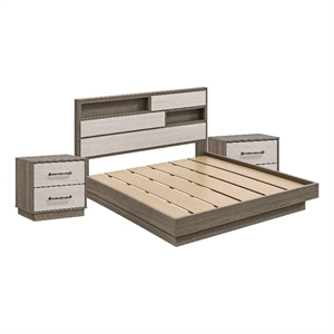 King Bedroom Set- Storage Gray and Nickel- 3 Piece Set with 2 Nightstands