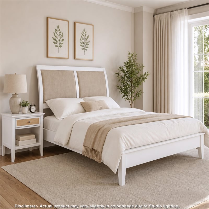 Queen Bedroom Set- White and Beige- 2 Piece Set with Nightstand