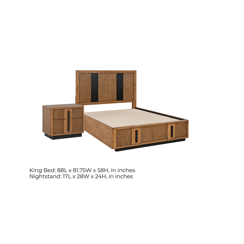 king bedroom set- storage- brown and black- 2 piece set with nightstand