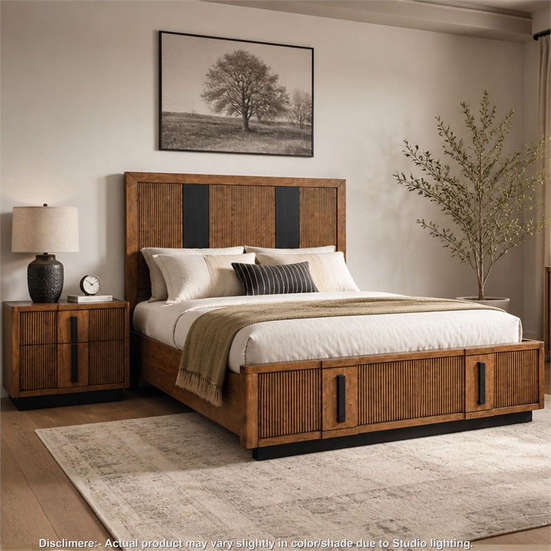 king bedroom set- storage- brown and black- 2 piece set with nightstand