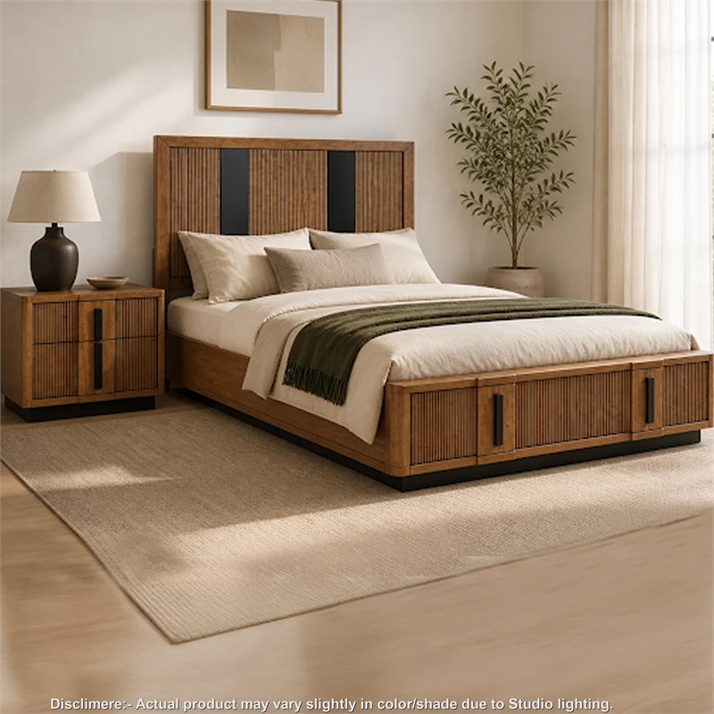 king bedroom set- storage- brown and black- 2 piece set with nightstand