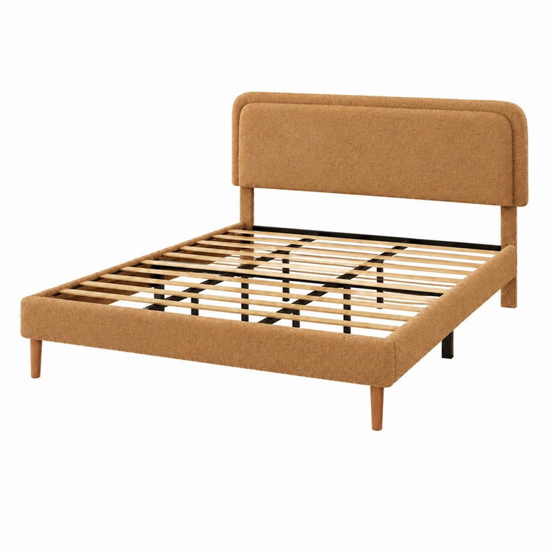 Pedro Queen Platform Bed with Adjustable Plush Headboard- Brown Fabric