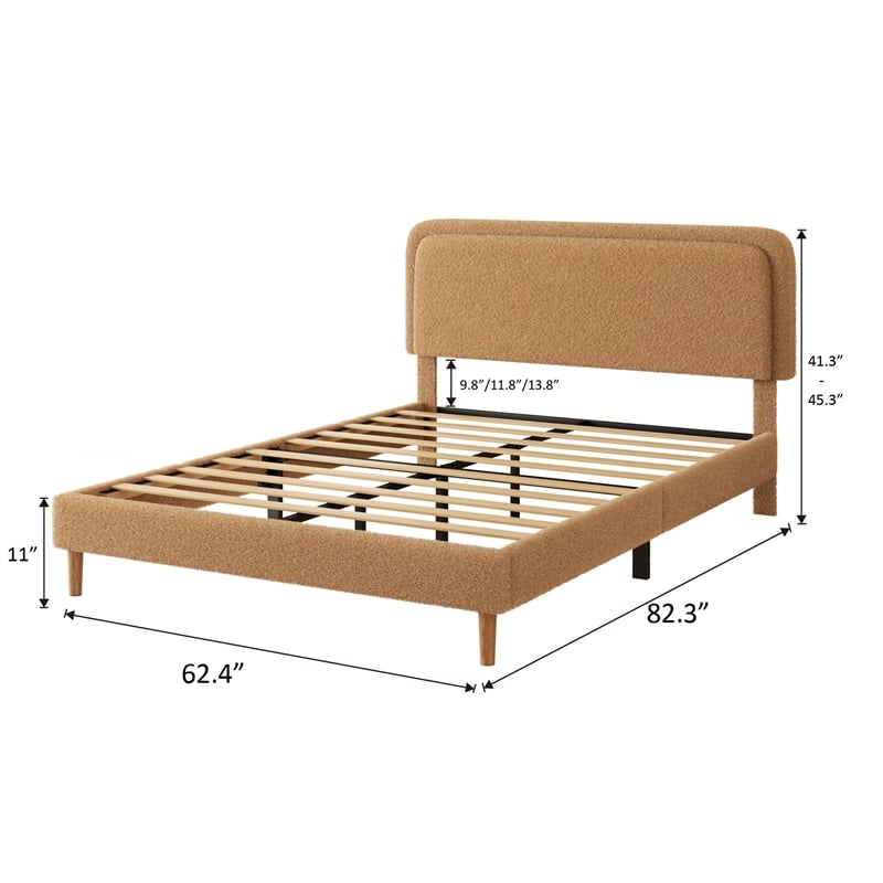 Pedro Queen Platform Bed with Adjustable Plush Headboard- Brown Fabric
