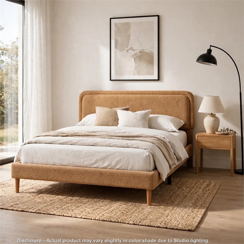 Pedro Queen Platform Bed with Adjustable Plush Headboard- Brown Fabric