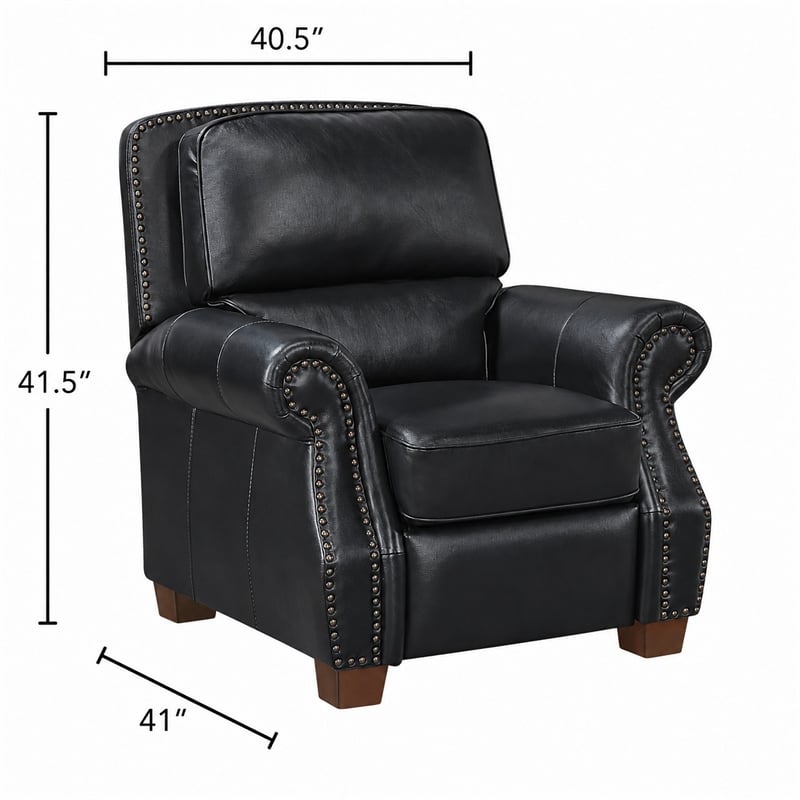 Ronny Push-Back Reclining Chair with Nailhead Trim- Black Genuine Leather