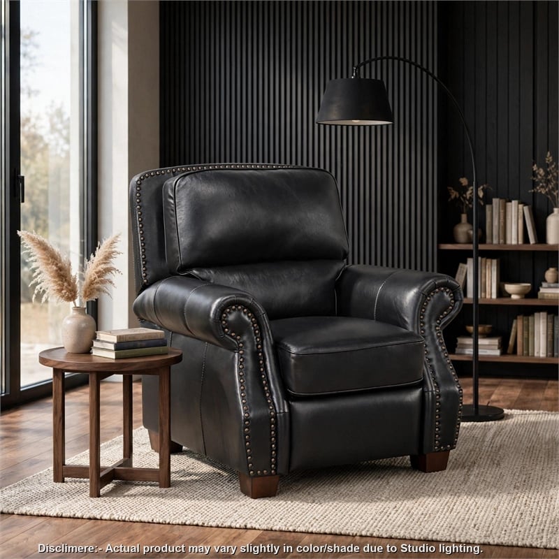 Ronny Push-Back Reclining Chair with Nailhead Trim- Black Genuine Leather
