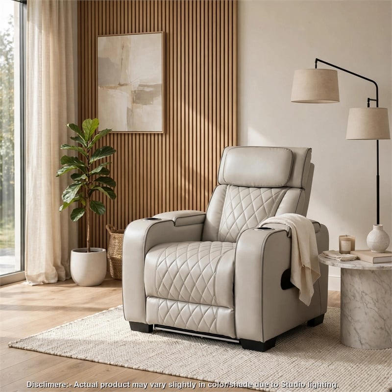 Fiya Power Reclining LED Chair- USB and Cup Holders- Taupe Faux Leather