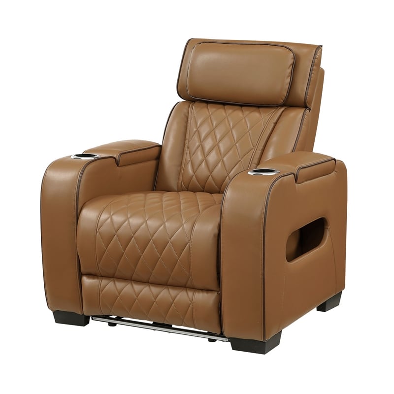 Fiya Power Reclining LED Chair- USB and Cup Holders- Brown Faux Leather